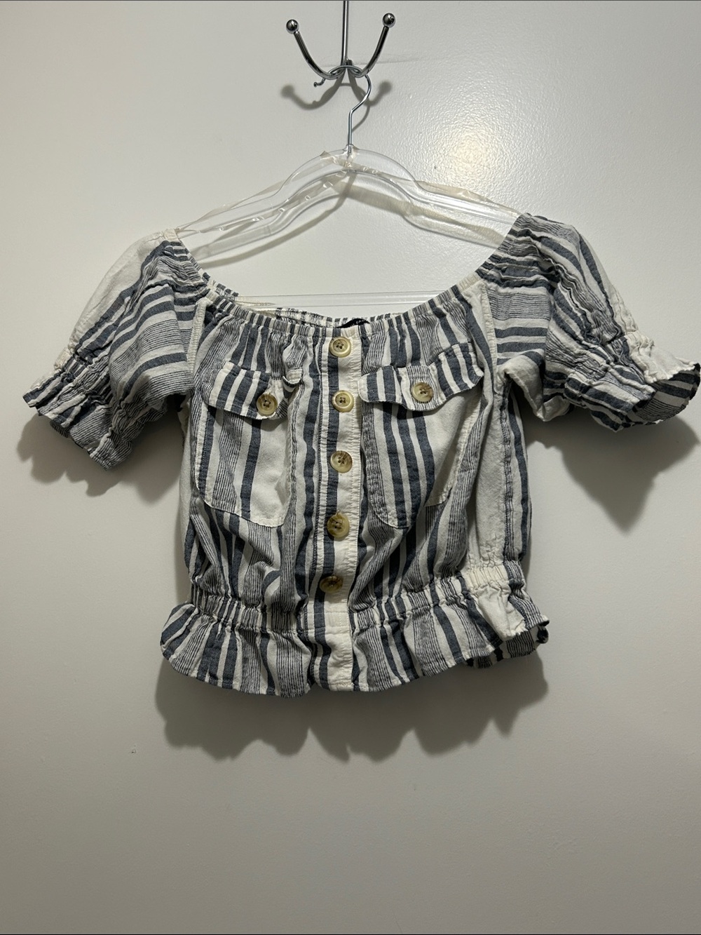 American Eagle Blue White Striped Off‑Shoulder Cotton-blend Crop Top XS